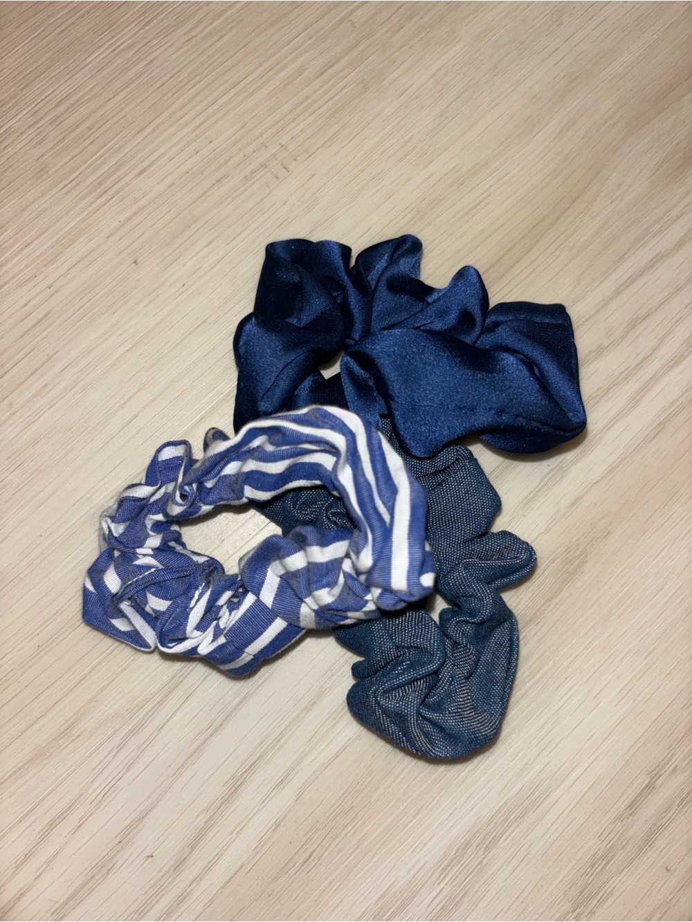 Nicole Miller Navy Blue Mixed Fabric Scrunchie Trio